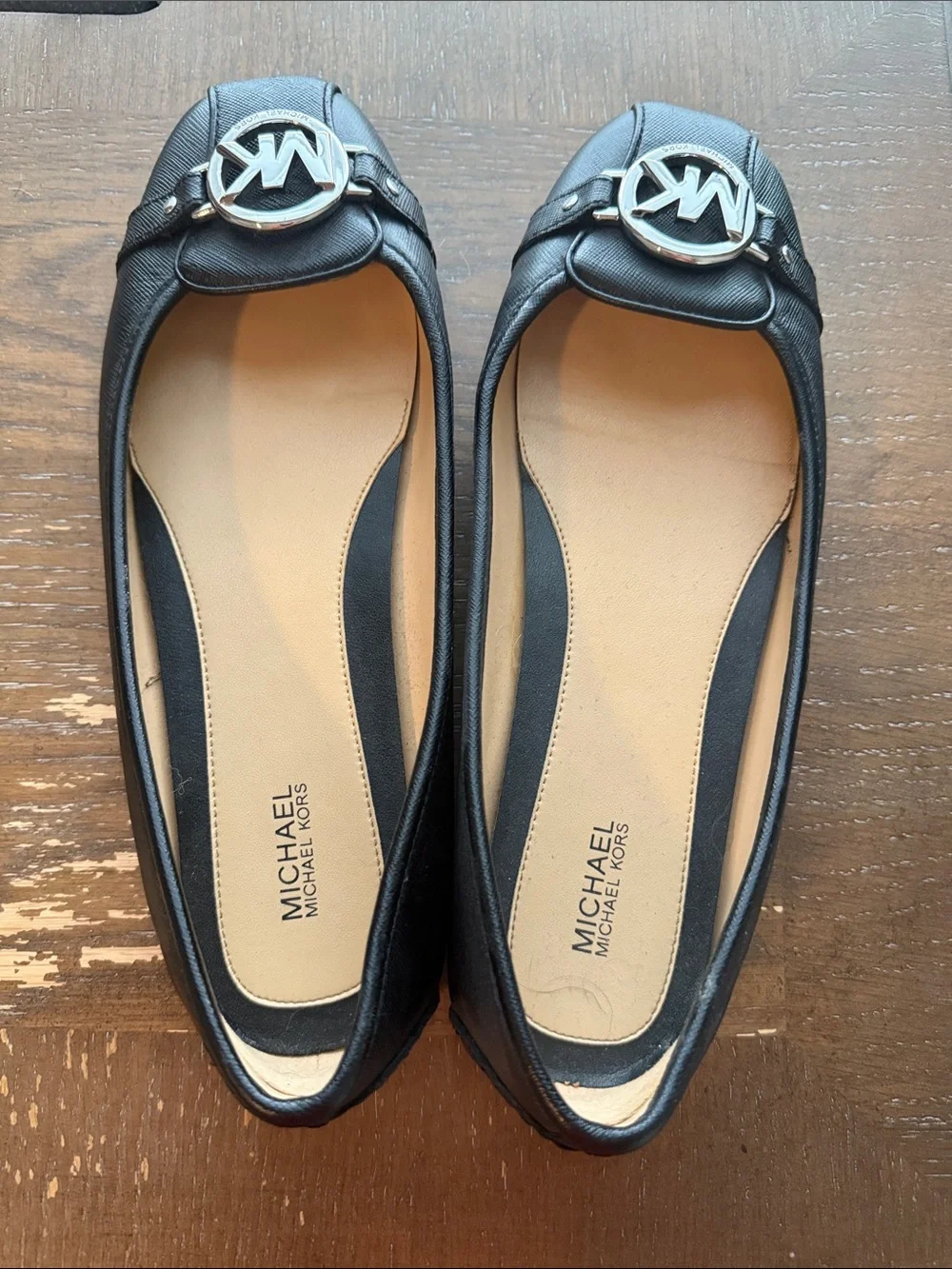 Michael Kors Black Leather MK Signature Round-Toe Flats